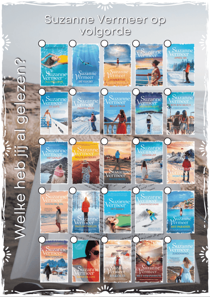 Alle omslagen van Suzanne Vermeer op een rij. Zomer- en winterthrillers bij elkaar. Pagina 1
