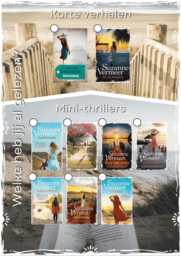 Alle omslagen van Suzanne Vermeer korte verhalen en mini thrillers op een rij