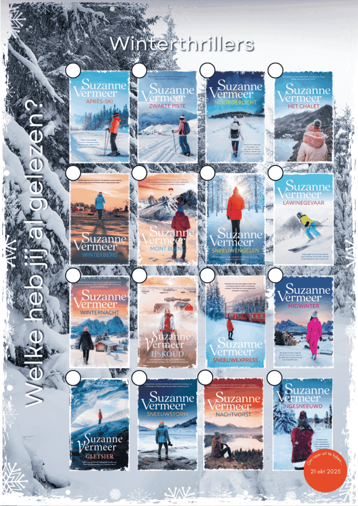 Alle omslagen van Suzanne Vermeer winterthrillers op een rij