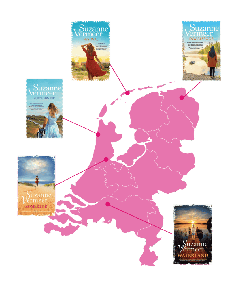 Nederlandse kaart met 5 Suzanne Vermeer eromheen. Ze wijzen waar in Nederland het boek zich afspeelt.