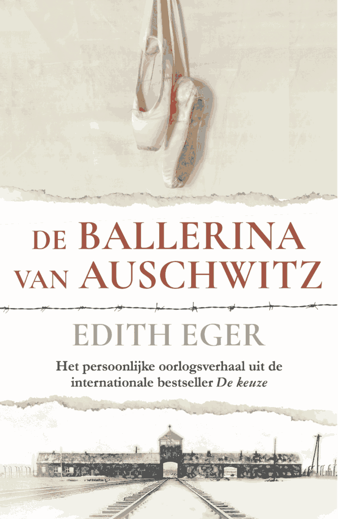 Ballerina schoenen aan de bovenkant, in het midden de titel van het boek en onderin de ingang van Auschwitz