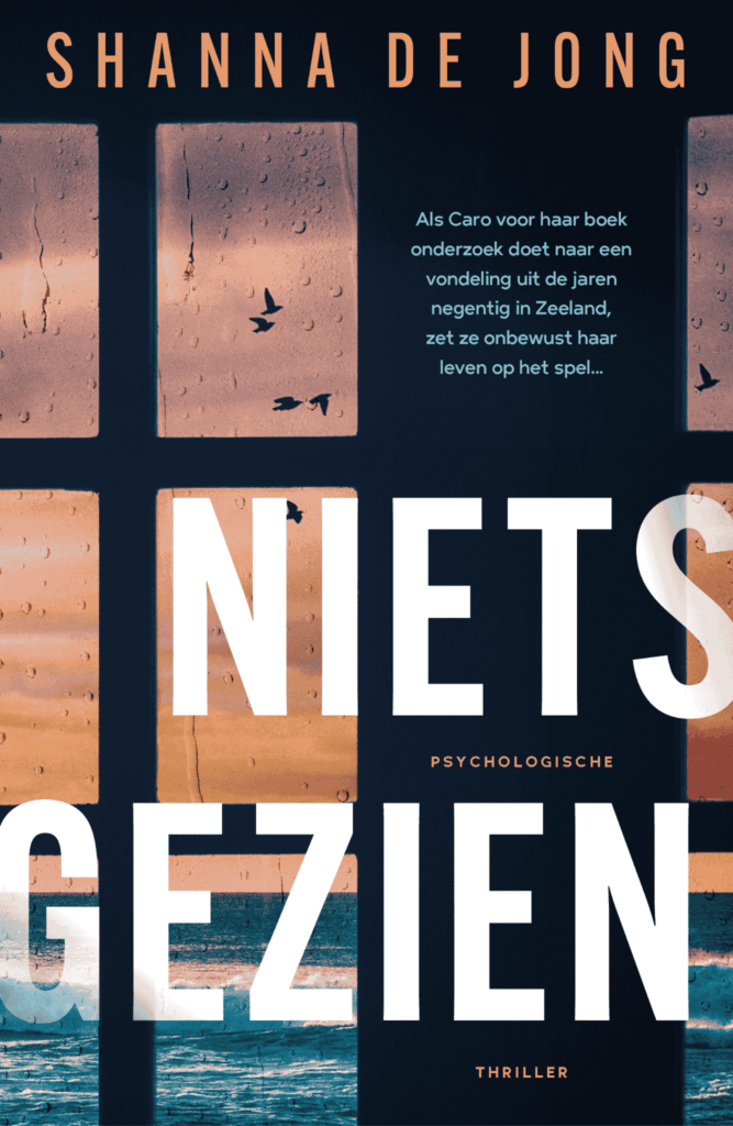 Raam waardoor je de zee en de zonsondergang ziet. Oranje, geel en blauw mengt met elkaar. Er vliegen vogels langs