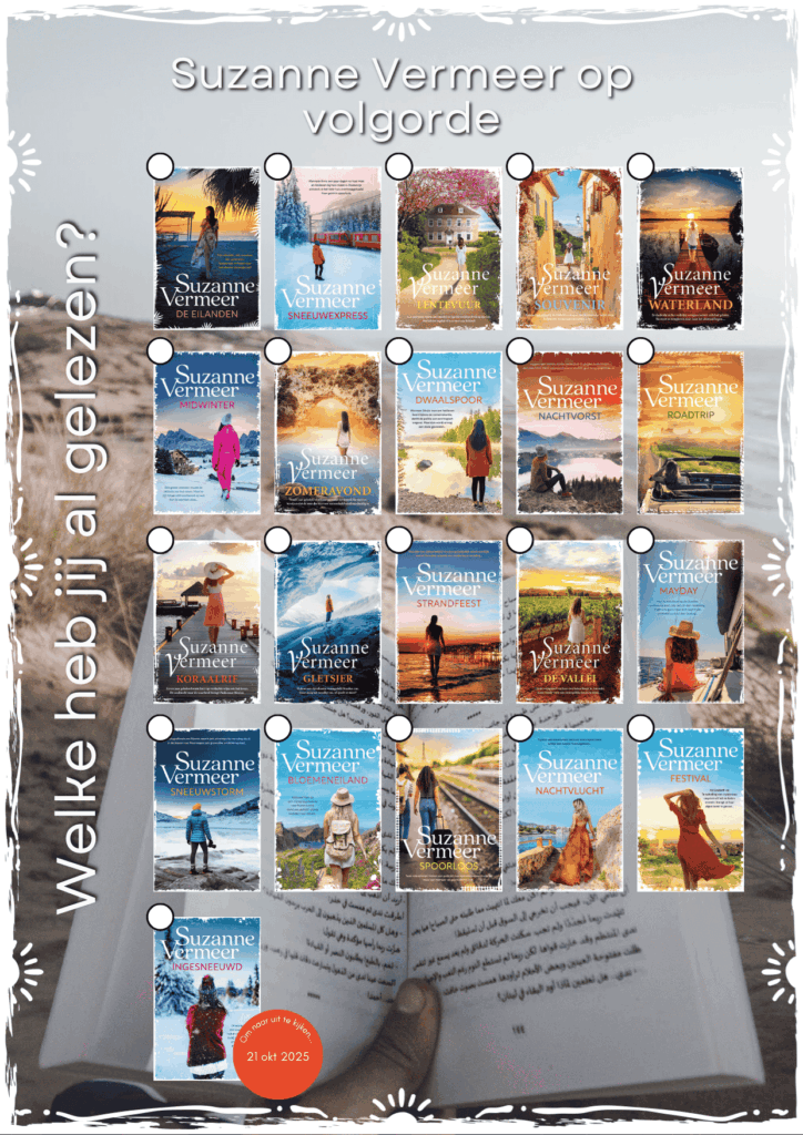 Alle omslagen van Suzanne Vermeer op een rij. Zomer- en winterthrillers bij elkaar. Pagina 1