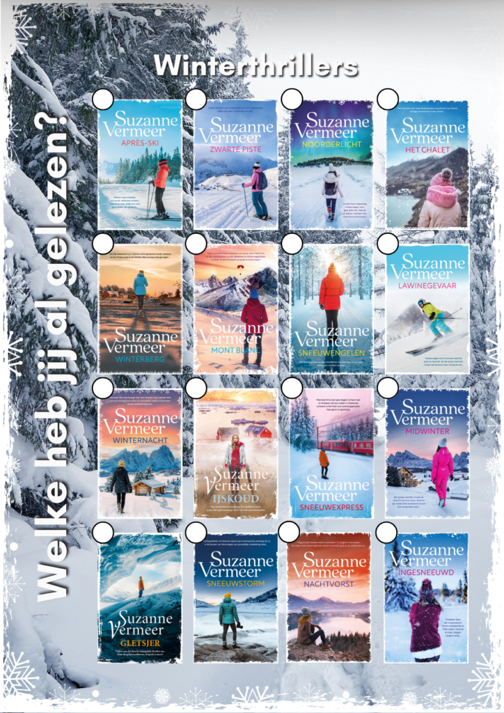 Alle omslagen van Suzanne Vermeer winterthrillers op een rij
