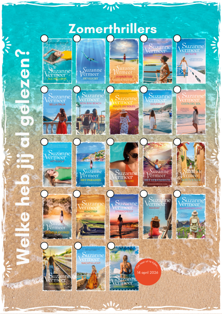 Omslagen van Suzanne Vermeer Zomerthrillers op een rij