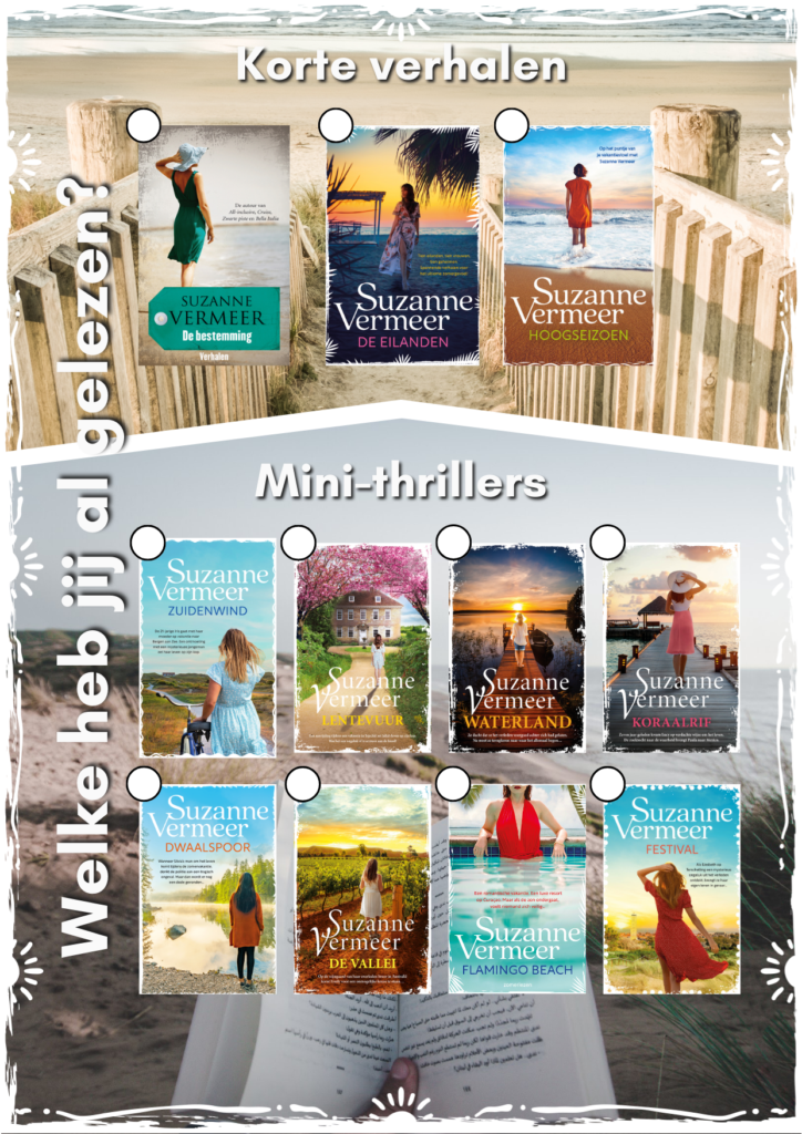 Alle omslagen van Suzanne Vermeer korte verhalen en mini thrillers op een rij