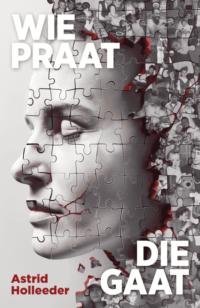 Astrid Holleeders gezicht in puzzelstukjes. Zijaanzicht van het gezicht