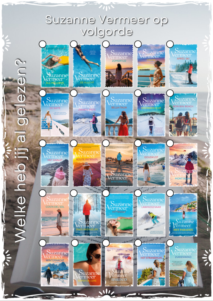 Alle omslagen van Suzanne Vermeer op een rij. Zomer- en winterthrillers bij elkaar. Pagina 1