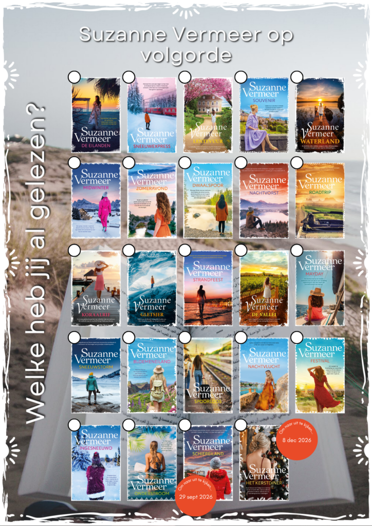 Alle omslagen van Suzanne Vermeer op een rij. Zomer- en winterthrillers bij elkaar. Pagina 2